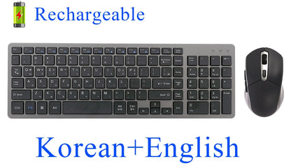 Wireless Keyboard and Mouse Combo – Rechargeable Slim Set with Russian, Hebrew, Korean, English Keycaps & Silent Mouse