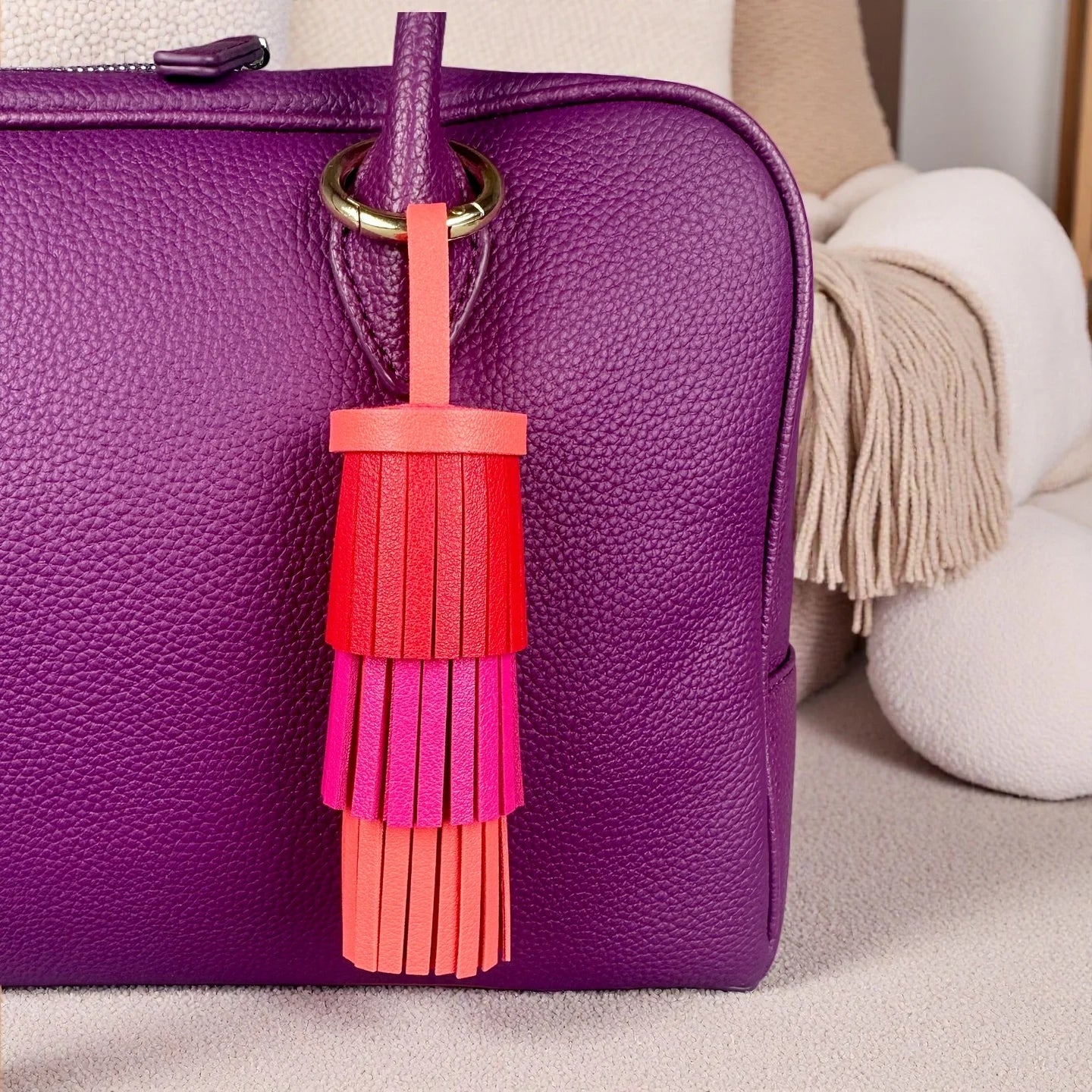 Bohemian Leather Tassel Charm - Thick Fringe Bag Accessory with Large Metal Ring