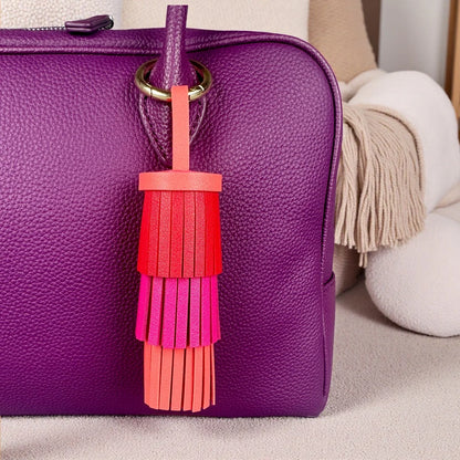 Bohemian Leather Tassel Charm - Thick Fringe Bag Accessory with Large Metal Ring
