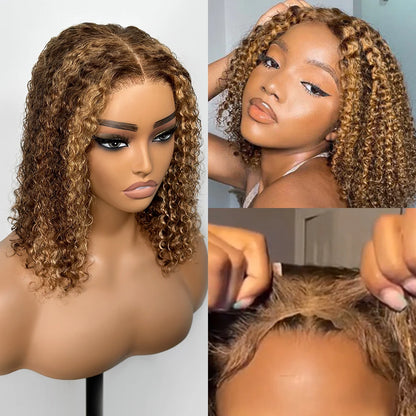 Deep Wave Honey Blonde Bob Wig — Glueless Human Hair Curly Wig, Pre-Plucked & Pre-Cut Ombre HD Lace Front, Highlight Wear-and-Go