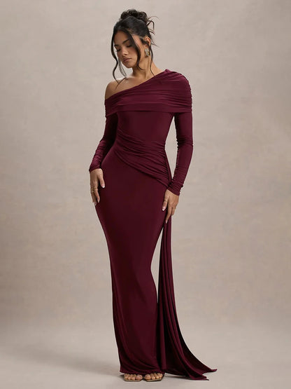 Mozision Women’s Long Sleeve Maxi Dress – Sexy Backless Draped Ruched Bodycon Gown, Skew Collar Elegant Club Dress