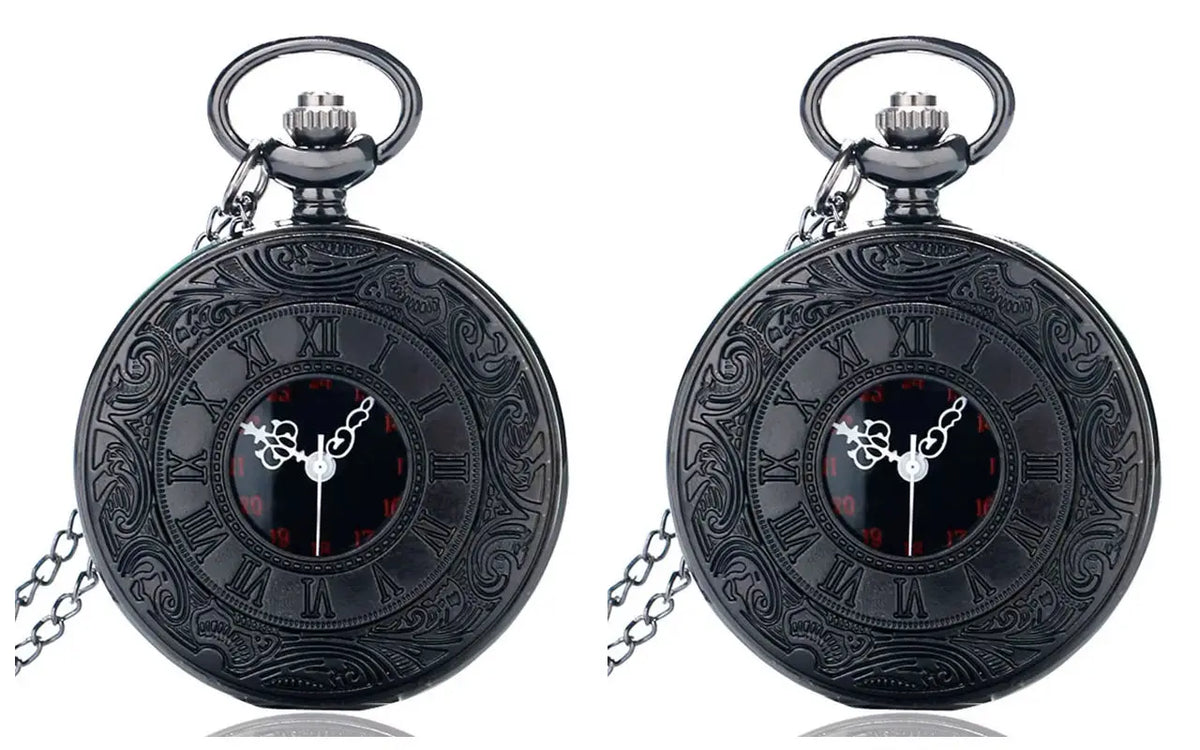 Vintage Black Roman Numeral Pocket Watch - Unisex Steampunk Quartz Necklace Pendant with Chain, Gift Style P427
