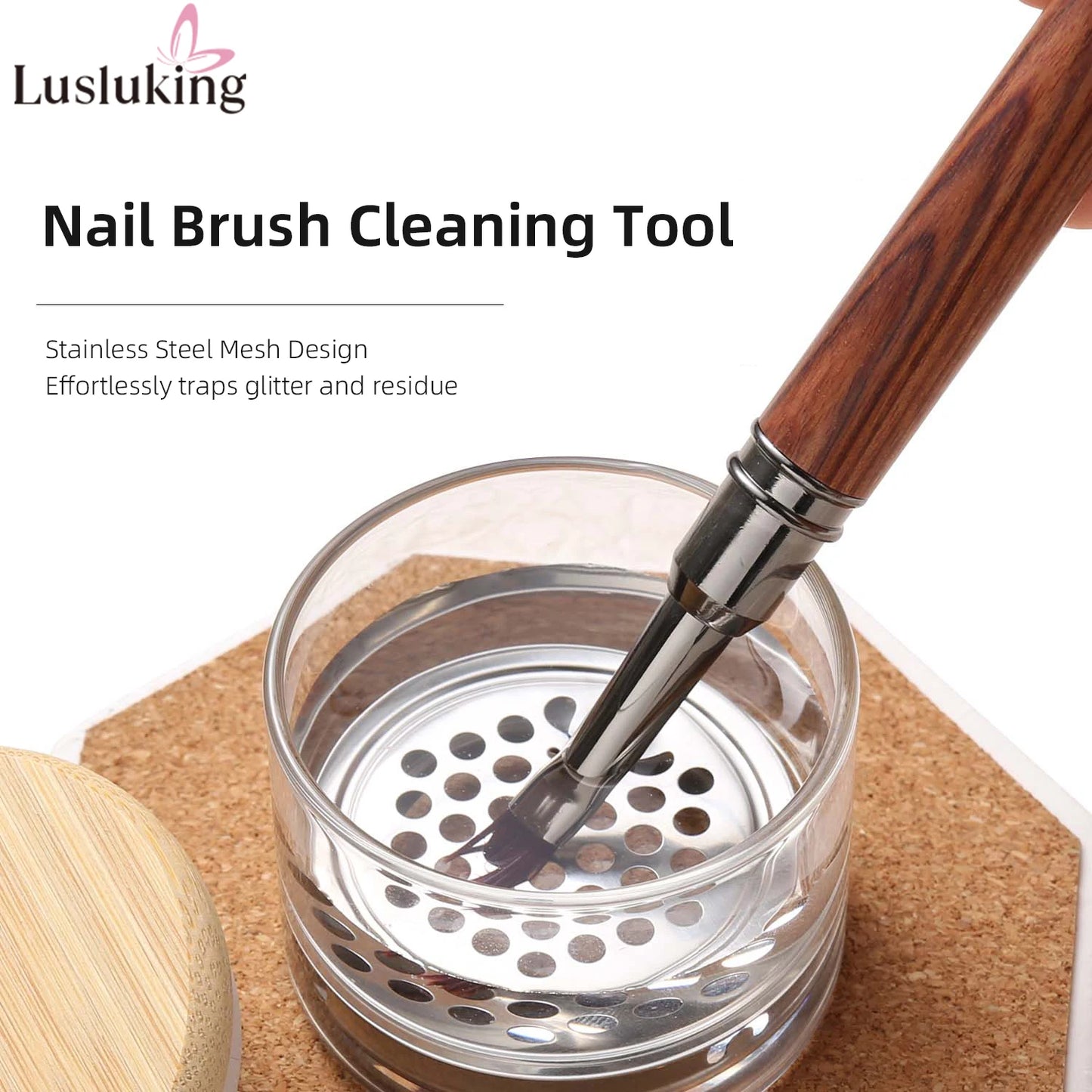 Nail Brush Cleaning Cup - Crystal Glass Cleaner Container with Stainless Steel Mesh Base for Nail Drill Bits and Brushes