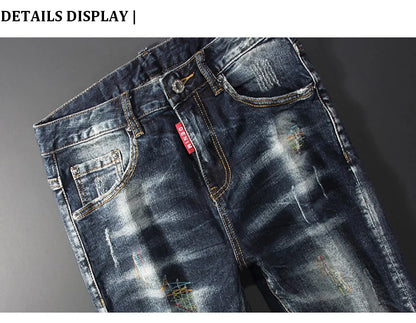 Streetwear Men’s Slim Fit Ripped Jeans – Retro Black & Blue Spliced Denim with Designer Embroidery, Hip Hop Fashion