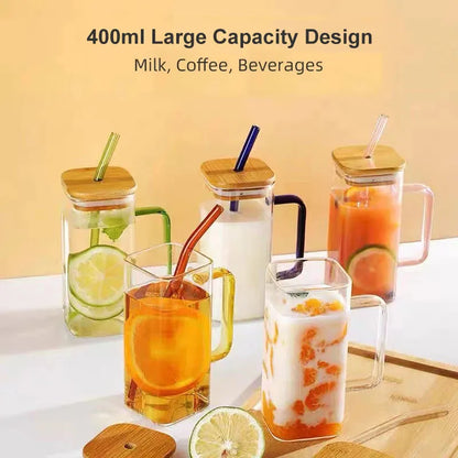 400ml Square Glass Mug with Lid and Straw: Microwave-Safe Breakfast Milk Cup for Coffee, Beer, or Party Drinks - Transparent Drinkware