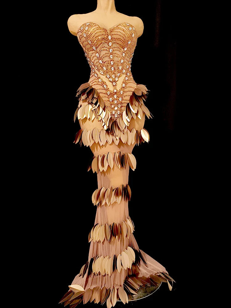 3D Gold Feather Rhinestone Split Dress - Evening Dance, Catwalk & Stage Performance Outfit