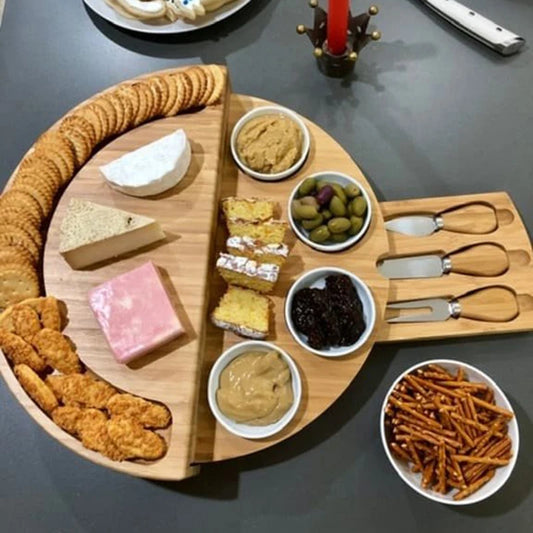 Cheese Board Set with Slide-Out Drawer – Cutlery Cutter, Slicer, Fork, Scoops & Kitchen Storage Tools