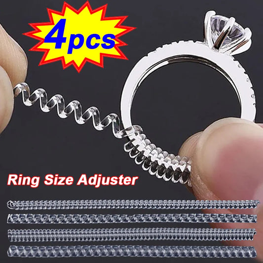 Invisible Ring Size Reducer Tool Set | Spiral Spring Based Rings Adjuster | Transparent Tightener | Resizing Guard for Jewelry - 4pcs/Set
