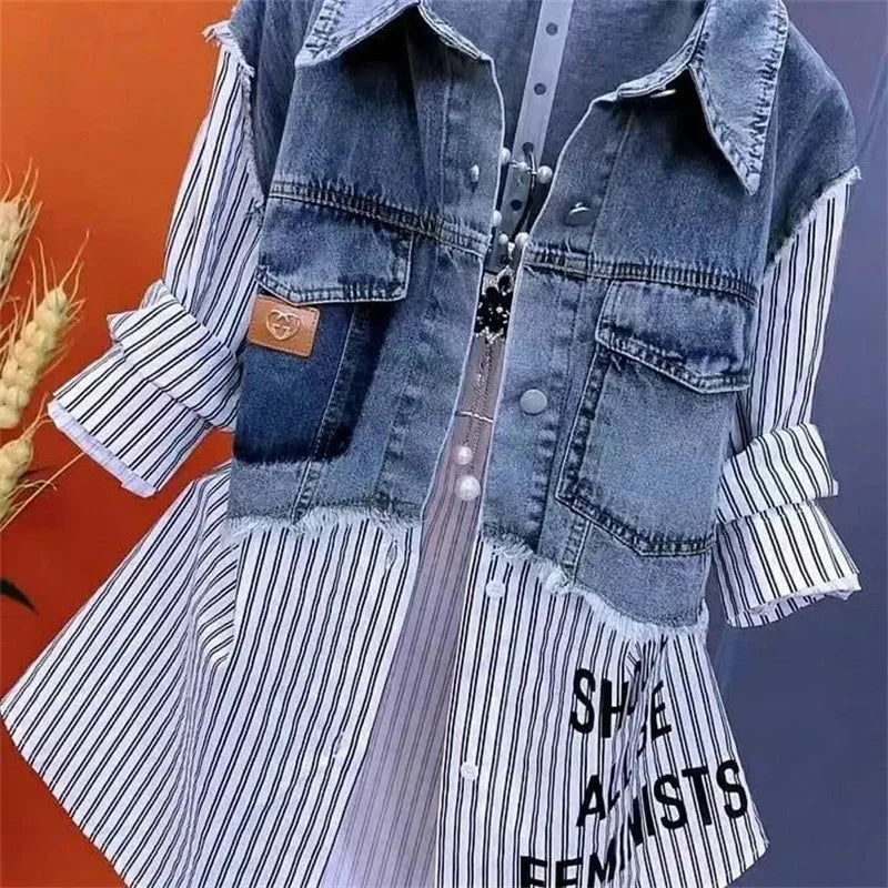 Women’s Denim Jacket – 2025 Casual Fashion, Fake Two Denim Shirts with Striped Stitching, Spring & Autumn Coat