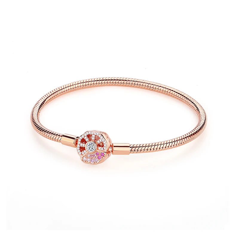 925 Sterling Silver Love Heart Charm Bracelet – Rose Gold Snake Chain Bangle for Women | DIY Luxury Bead Jewelry Accessories