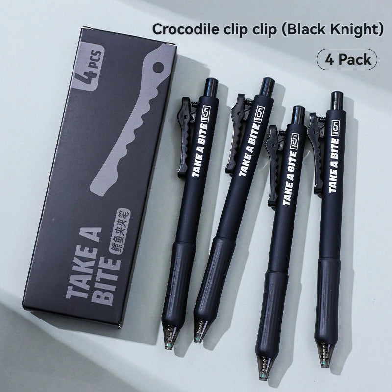 4-Piece Crocodile Clip Gel Pen Set - 0.5mm Black Ink Quick-Dry Smooth Writing Pens