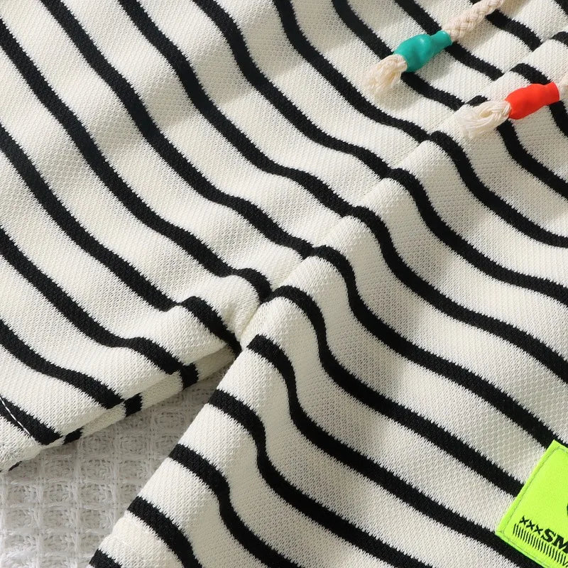 2PCS Kids Summer Outfit – Cotton Short Sleeve Tee & Shorts Set for Boys, Black & White Stripe