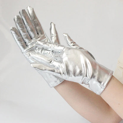 Gold Silver Metallic Faux Leather Short Gloves – Sexy Wet Look Party, Evening & Performance Mittens Handwear