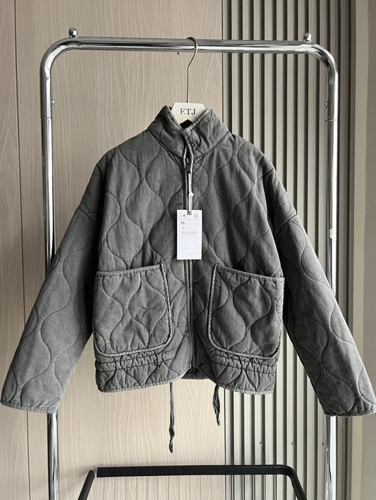 ZW Women’s Cotton Quilted Jacket – 2024 Vintage High Collar Coat with Large Pockets