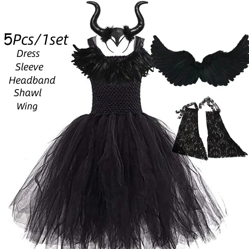 Girls’ Evil Queen Tutu Dress - Handmade Black Mesh Princess Halloween Cosplay Costume