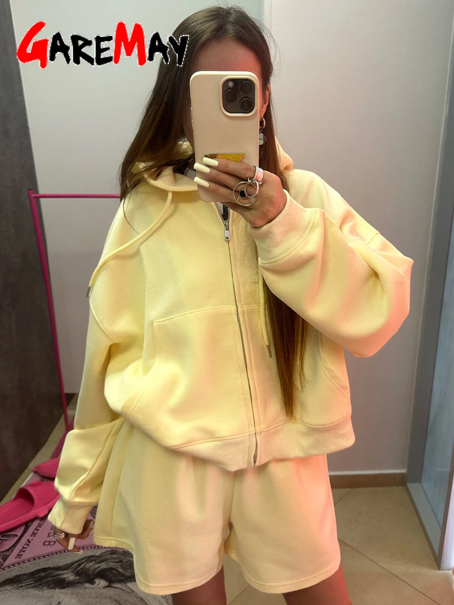 Women’s Summer Yellow Tracksuit – Cotton Zipper Top & Shorts Two-Piece Casual Sports Set