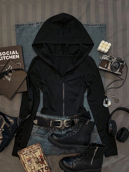 Women's Casual Hooded Sweatshirt - Minimalist Printed Zip-Up Cardigan Style Autumn Long Sleeve Top