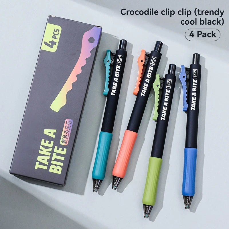 4-Piece Crocodile Clip Gel Pen Set - 0.5mm Black Ink Quick-Dry Smooth Writing Pens