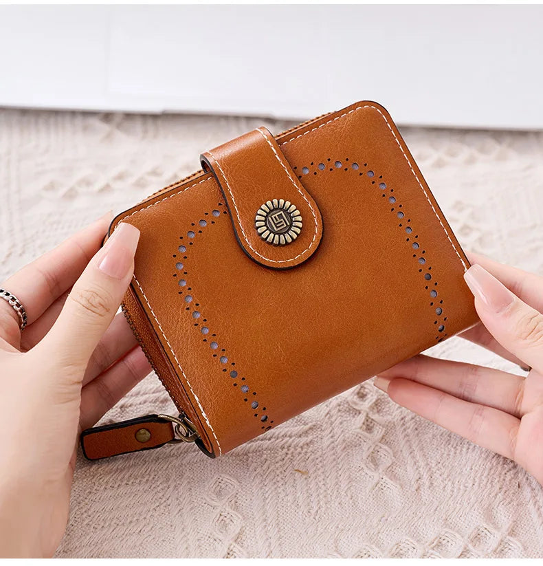 Retro Hollow-Out Short Purse for Women – Multi-Card Zipper Wallet, European & American Fashion Design