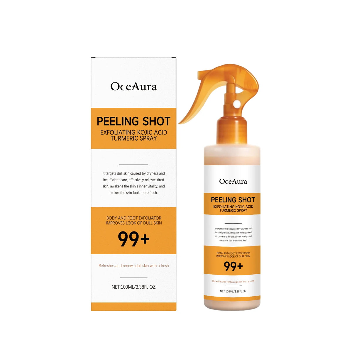 OceAura Kojic Acid & Turmeric Peel Shot Spray - 100ml Exfoliating Skin Care for Dead Skin Removal and Smoother-Looking Skin