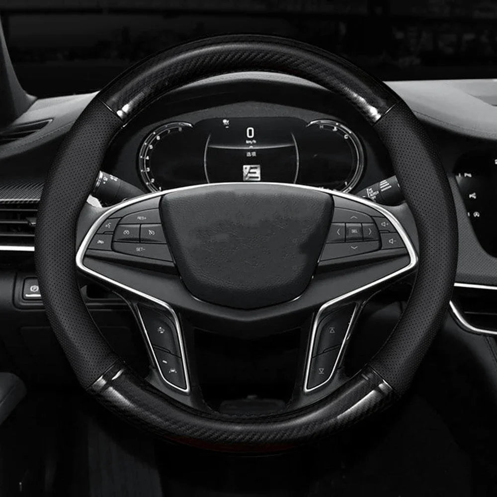 Universal Car Steering Wheel Cover — Carbon Fiber Leather, 3D Anti-Slip, Simple & Stylish Car Accessory