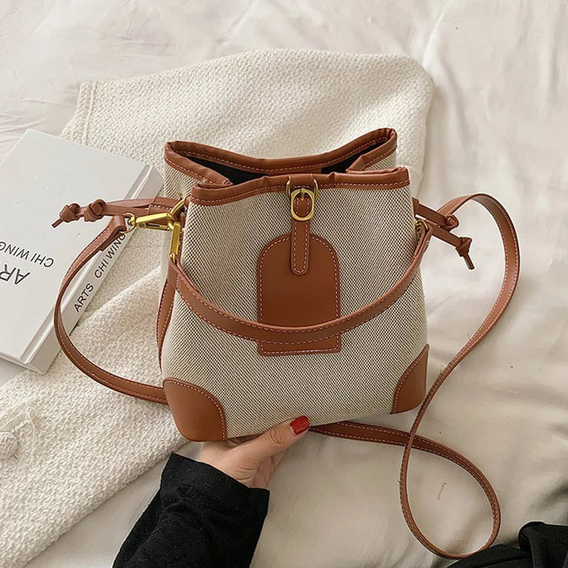 2022 New Korean Style Fashionable Portable Bucket Bag – Trendy Canvas Contrast Texture Messenger Bag