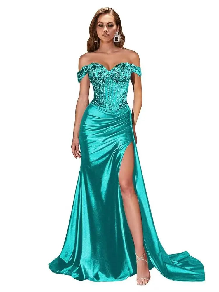 Dark Navy Off-Shoulder Prom Dress – Sweetheart Beaded Lace Evening Gown with High Side Slit, 2025 Custom
