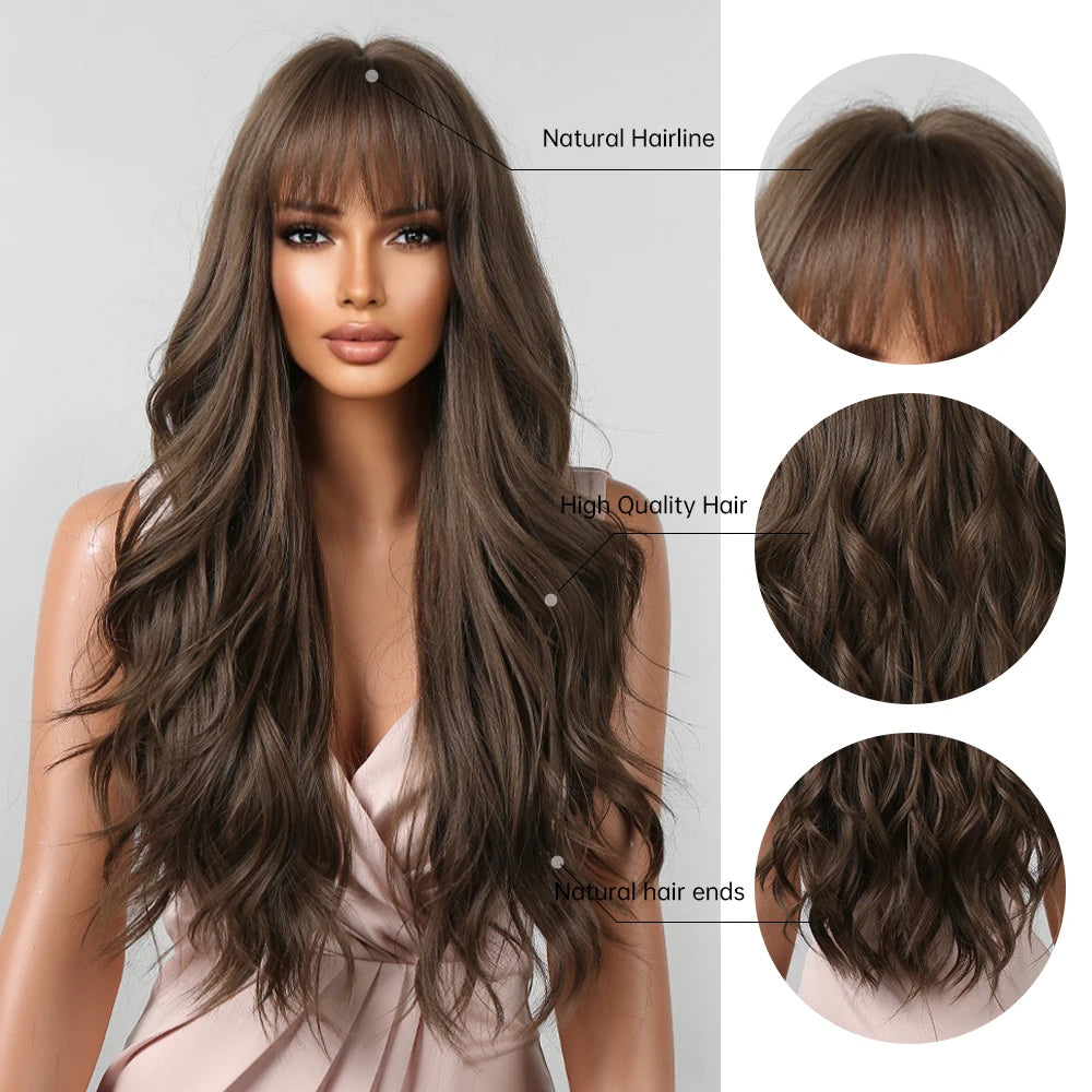 Brown Wavy Long Wig for Women with Bangs — Natural-Look Synthetic Hair, Heat-Resistant for Daily & Cosplay