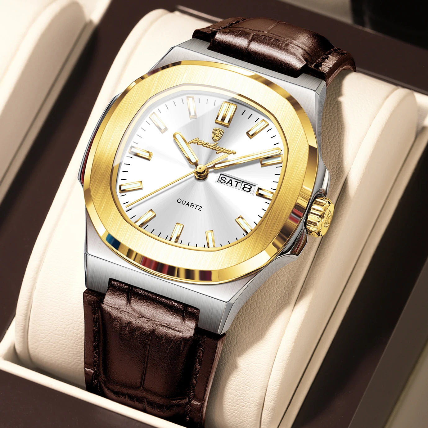 POEDAGAR Luxury Men’s Square Quartz Watch – Luminous Waterproof Leather Strap with Week Calendar