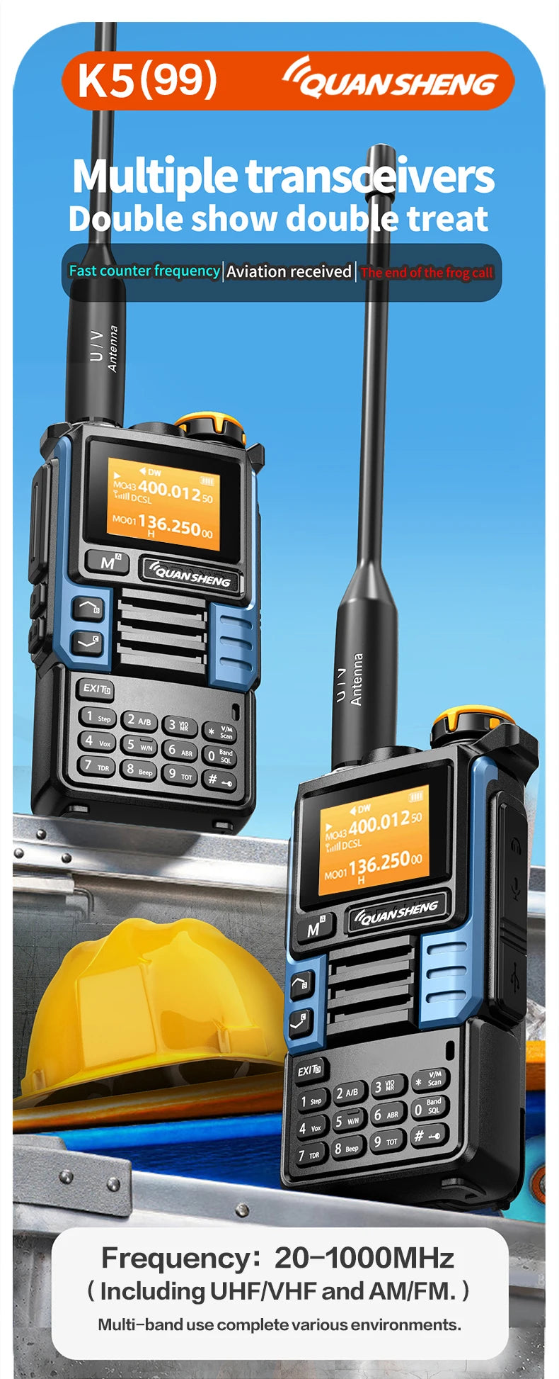 Quansheng UV-K6 Upgrade UV-K5 Interphone – 5W Air Band Radio, UHF/VHF, DTMF, FM Scrambler, NOAA Wireless Frequency with Type-C Charging