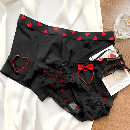 Heart Printed Couple Underwear - Sexy Low Waist Briefs for Women & Men, Breathable Boxer Panties, Boyfriend Girlfriend Lingerie