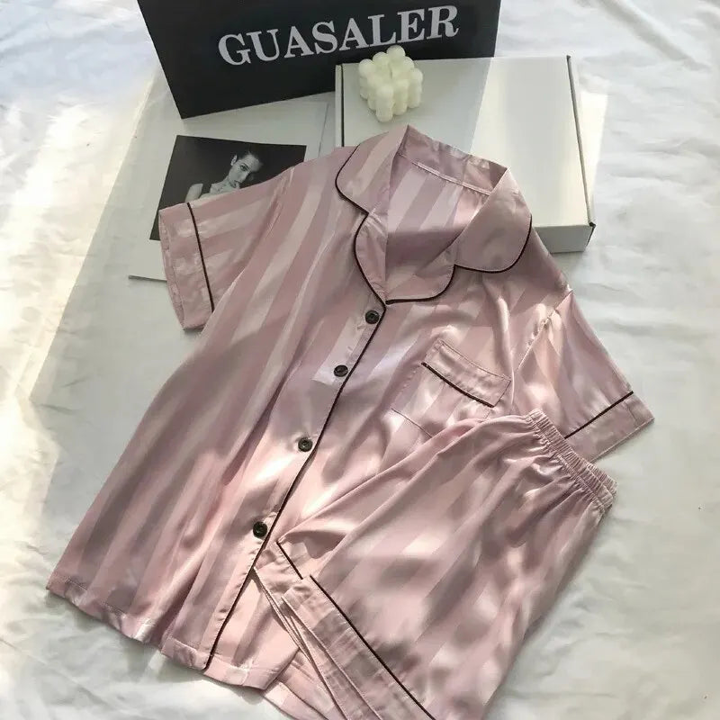 Women's Plus Size Satin Pajamas Set – Elegant Striped Long Sleeve Button-Up Top and Pants Loungewear