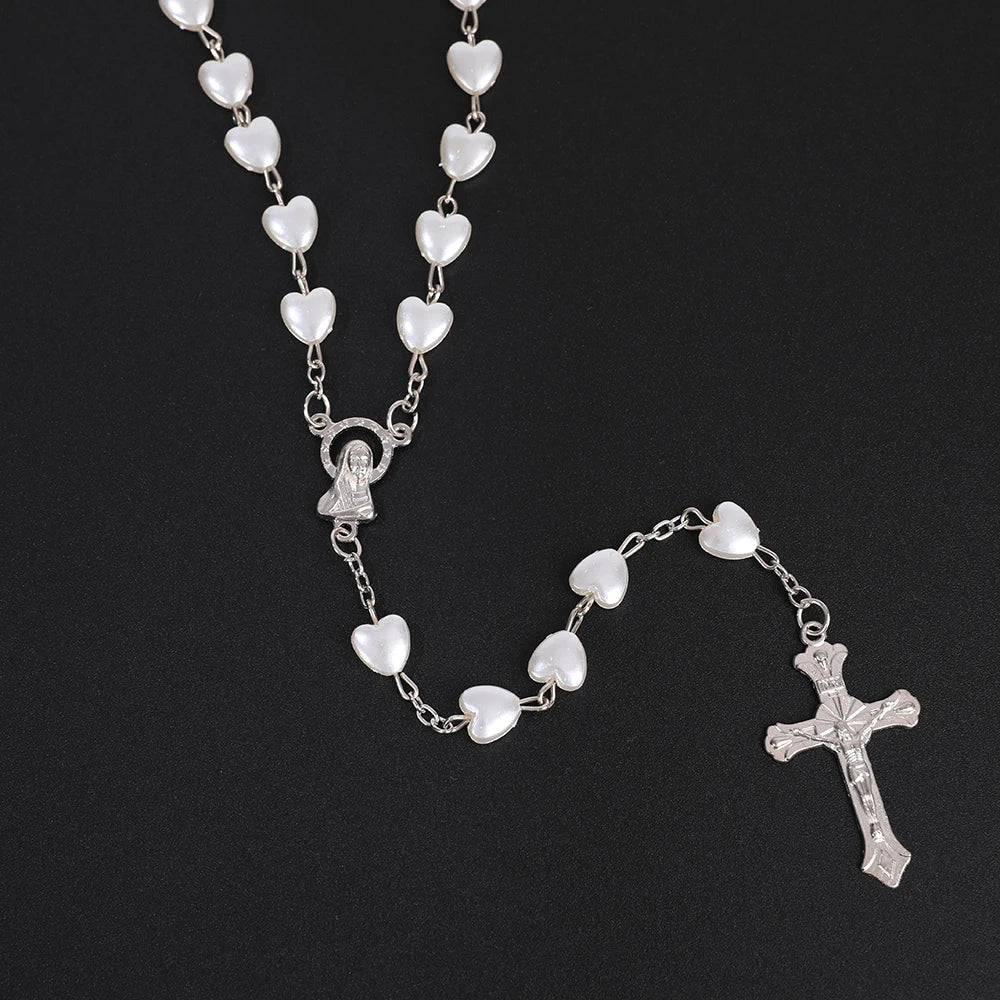 Pink & White Heart Rosary Necklace – Virgin Mary Cross Pendant Beaded Chain Religious Prayer Jewelry Gift for Men & Women