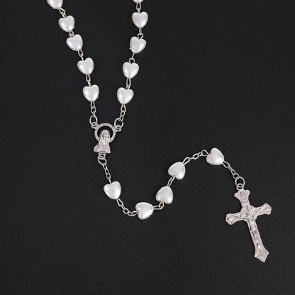 Pink & White Heart Rosary Necklace – Virgin Mary Cross Pendant Beaded Chain Religious Prayer Jewelry Gift for Men & Women