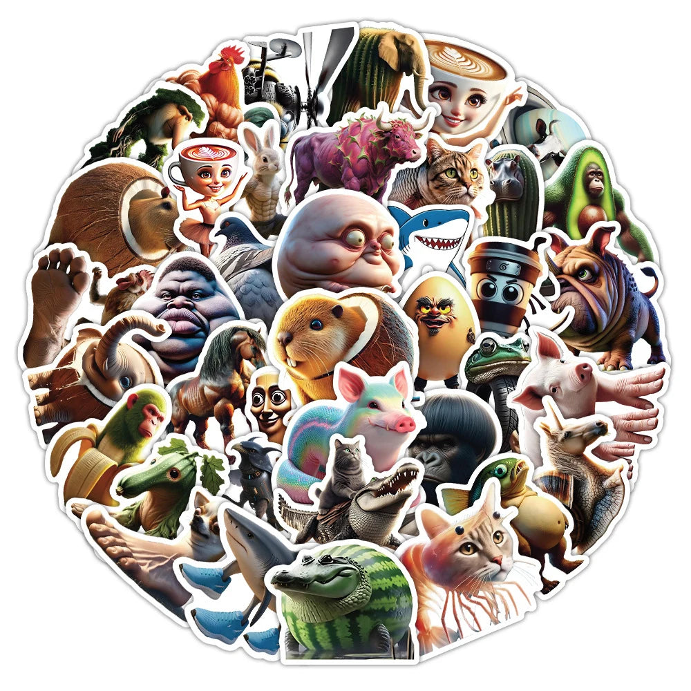 50Pcs Abstract Animal Stickers - Cartoon DIY Decals for Luggage, Phone, Cups, Guitar and More
