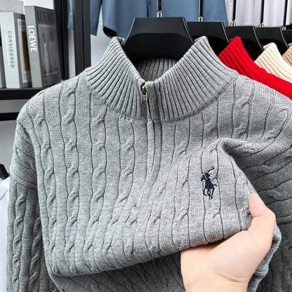 Heshi Men's Vintage Zipper Sweater - Stand Collar 3D Embroidery Autumn Winter Knitwear Casual Pullover