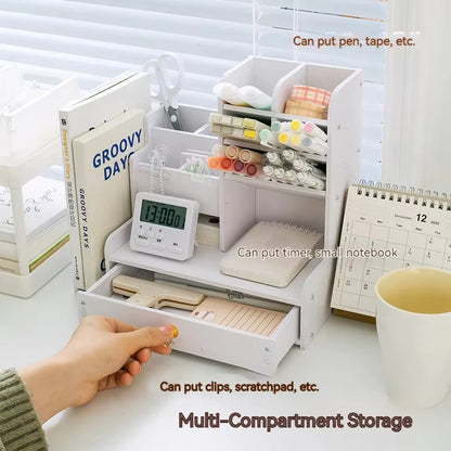 Wooden Desk Organizer - Pen Pencil Holder and Stationery Storage Box for Home Office & Bookshelf