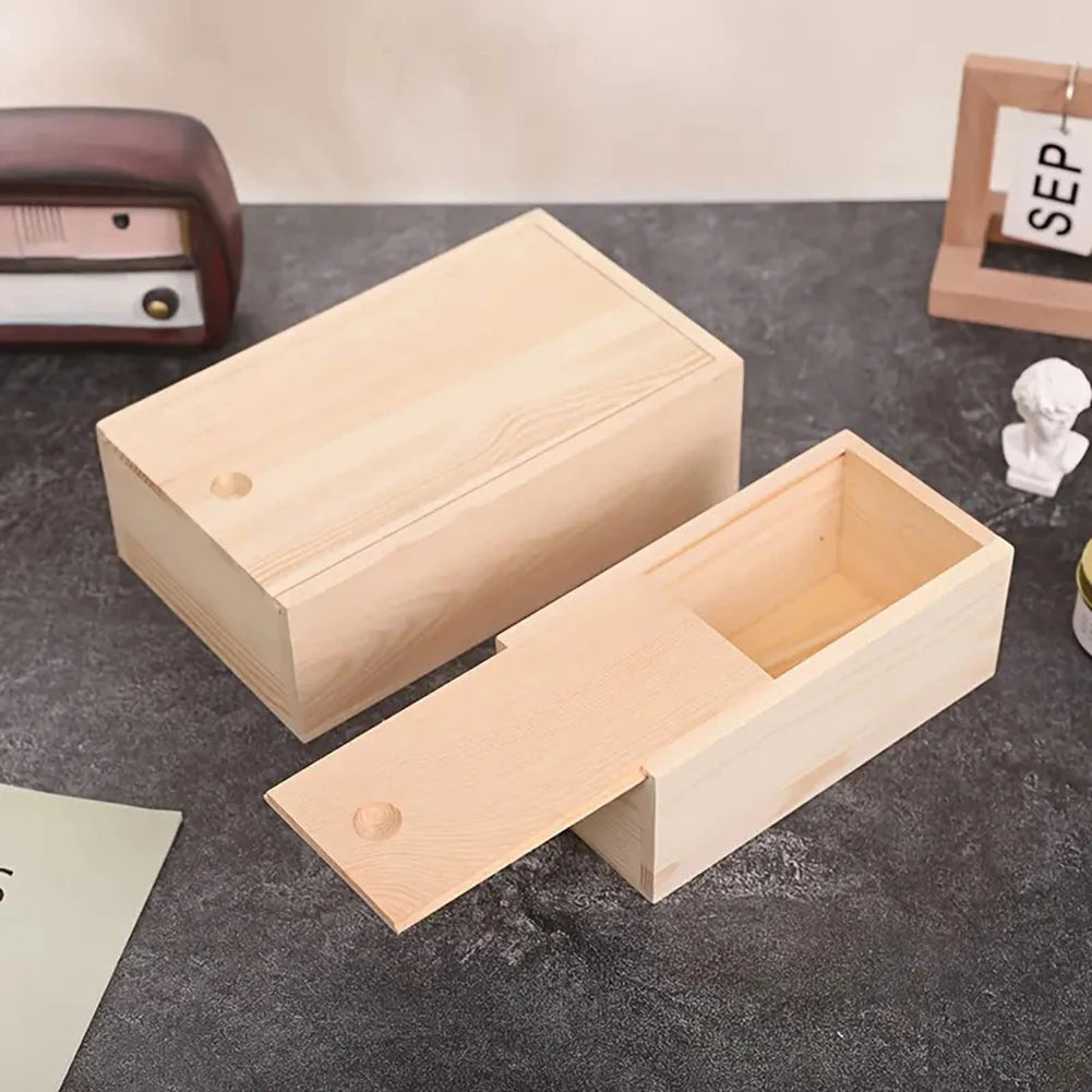 Pine Wooden Pull-Out Storage Box – Sliding Cover Jewelry Organizer, Log Drawer DIY Wooden Case