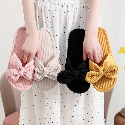 Women’s Corduroy Bow Slippers – Soft Casual Home Shoes, Silent Light EVA Anti-Slip Herringbone Slippers for Autumn & Winter