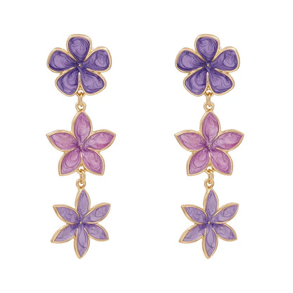 Long Flower Enamel Drop Earrings - Colorful Metal Petal Dangle Party Jewelry for Women