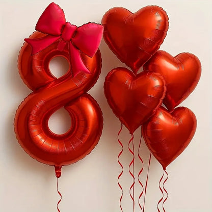 Red Heart Foil Balloons Set - 6PCS Birthday Wedding Anniversary Decoration with 32 Inch Numbers & Tassel Bows