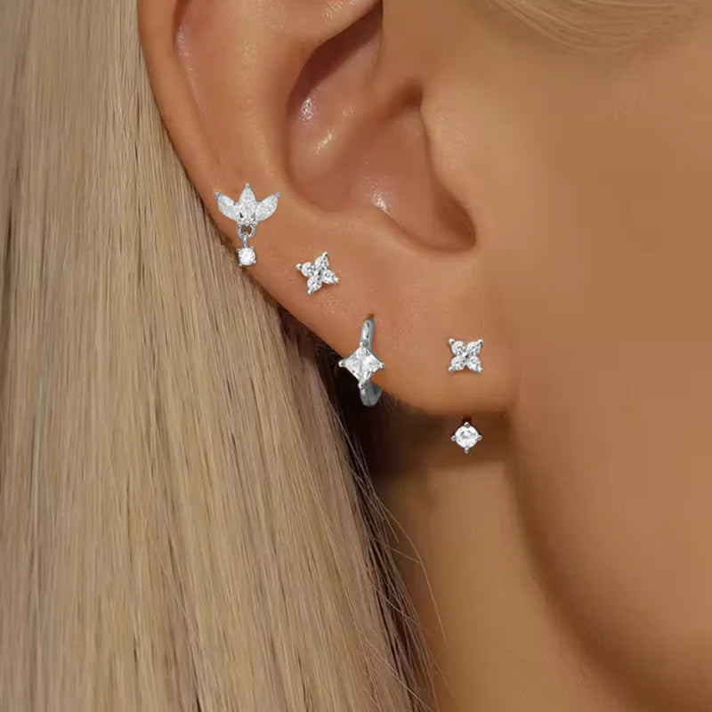 4PCS Women’s Zircon Small Hoop Earrings Set – Stainless Steel Heart, Moon & Flower Huggie Pendant Piercing Jewelry