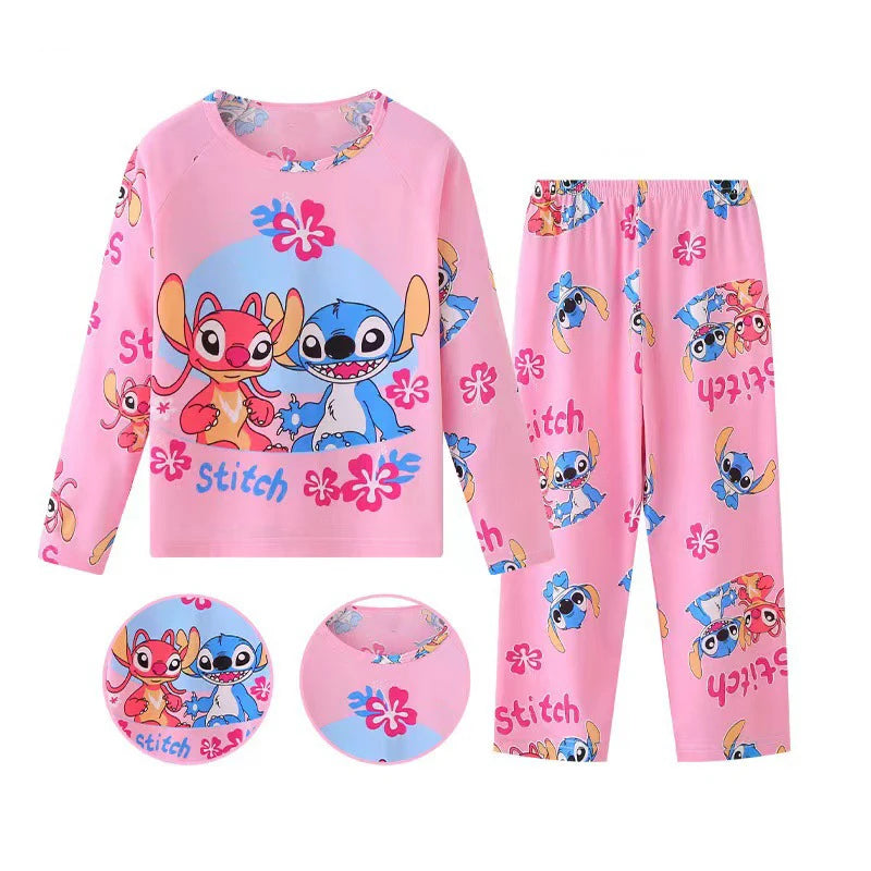 New Spring Children’s Pajama Set – Stitch & Angel Long-Sleeve Sleepwear with Pants for Boys & Girls