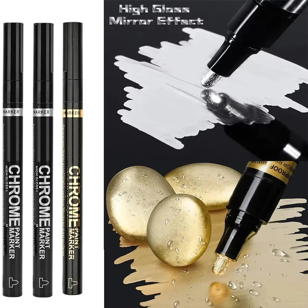 Chrome Paint Marker Pen - Waterproof Gold & Silver Metallic Repair Marker for Glass, Ceramic, Rock & Metal, 2mm Nib
