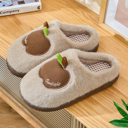 TZLDN Cartoon Plush Slippers – 3D Apple Faux Fur Indoor Slippers for Couples, Warm Winter Cotton Shoes for Women & Men