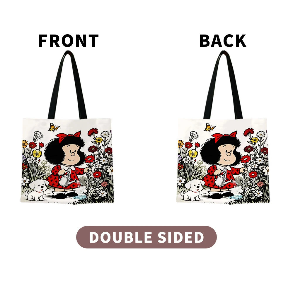 Vintage Cartoon Girl & Puppy Gardening Tote Bag – Cute Floral Watering Scene Canvas Shopper with Butterfly Design, Large Capacity Casual Handbag