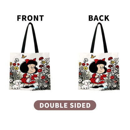 Vintage Cartoon Girl & Puppy Gardening Tote Bag – Cute Floral Watering Scene Canvas Shopper with Butterfly Design, Large Capacity Casual Handbag