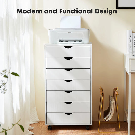 7-Drawer Wooden Chest Dresser – Mobile Nightstand Storage Cabinet with Wheels for Office & Living Room Organizer