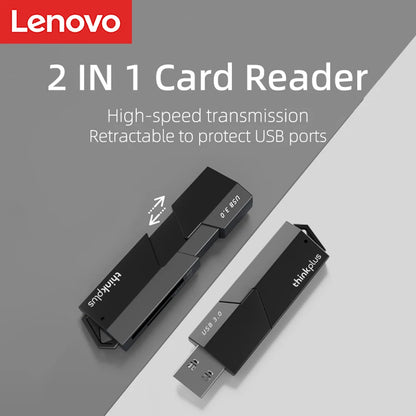 Lenovo D204 2 in 1 Memory Card Reader - Dual Interface USB 3.0 SD Card Adapter, Multi-Device Compatible