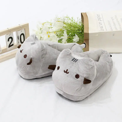 Chubby Gray Cat Plush Slippers - Warm, Fluffy Indoor House Shoes for Men and Women, Cozy Autumn and Winter Couple Gifts
